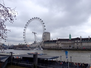 A very typical gray day in London with the London Eye in the background. It's very expensive to ride, but we did later get a good view of the city.